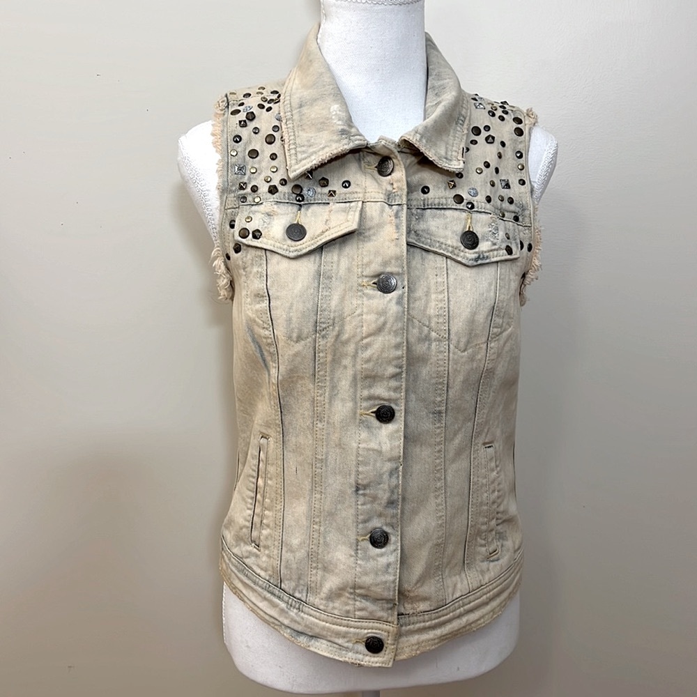 Free People distressed sleeveless acid washed denim, studded vest - Size XS
